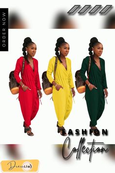 Women Solid Color V Neck Loose Bloomers Jumpsuit Trendy V-neck Jumpsuits And Rompers With Pockets, Casual V-neck Jumpsuits And Rompers For Party, Yellow V-neck Jumpsuits And Rompers For Work, Casual Party Jumpsuits And Rompers With Pockets, Party V-neck Jumpsuit With Pockets, Fall Party Jumpsuits And Rompers With Pockets, Multicolor Jumpsuits And Rompers For Spring Workwear, Chic Multicolor Jumpsuits And Rompers For Work, Chic Multicolor Workwear Jumpsuits And Rompers