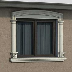 an open window on the side of a brown building with white trim and decorative columns