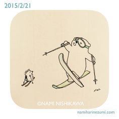 a drawing of a person on skis with a stick in his hand and an animal behind him