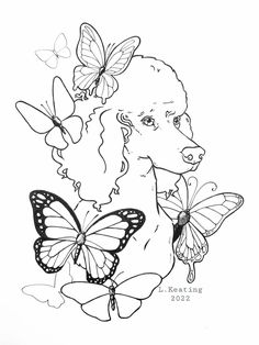 a drawing of a woman with butterflies on her head and a dog in the background