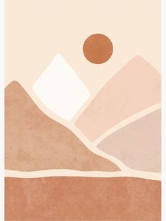 an abstract painting with mountains and a sun in the sky above it, on a beige background