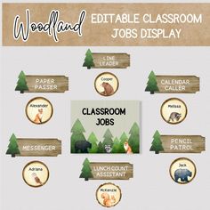 an image of classroom jobs on wood and paper with the words, editable classroom jobs displayed