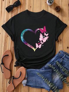 Teen Girls' Heart & Butterfly Printed Short Sleeve T-Shirt Black Casual  Short Sleeve Polyester Heart,Butterfly  Slight Stretch  Teen Girls Clothing, size features are:Bust: ,Length: ,Sleeve Length: Cute Butterfly Print T-shirt For Spring, Black Heart Print T-shirt For Spring, Multicolor Summer T-shirt With Heart Graphic, Multicolor Heart Graphic T-shirt For Spring, Spring Multicolor T-shirt With Heart Graphic, Spring Heart Print T-shirt, Cute Summer T-shirt With Butterfly Print, Cute Spring Butterfly Print T-shirt, Casual Multicolor T-shirt With Heart Print