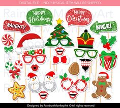 christmas photo booth props with santa hats, glasses and candy canes on sticks in front of a white background