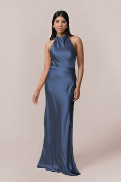 Model: Jacinth; Size: 4 Fitted Satin Bridesmaid Dress With Tie Back, Sleek Satin Dress With Ruched Back, Elegant Blue Tie Back Slip Dress, Fitted Bodice Slip Dress With Tie Back For Bridesmaids, Bridesmaid Slip Dress With Tie Back And Fitted Bodice, Elegant Blue Slip Dress With Tie Back, Satin Fitted Halter Bridesmaid Dress, Bridesmaid Slip Dress With Satin Finish And Fitted Bodice, Fitted Satin Halter Bridesmaid Dress