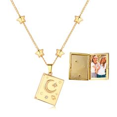 PRICES MAY VARY. Memorial Necklace: This exquisite necklace features a moon and stars design, with a locket that opens to hold a photo of your loved one, pet, or a cherished moment. Keep them close to your heart and feel their presence with you wherever you go. 18K Gold-Plated, Long-Lasting Shine: Made with 18K gold plating, this necklace is luxurious and durable. It’s nickel-free, lead-free, and safe for all skin types, ensuring comfort even with extended wear Elegant Anytime, Anywhere: Perfect Christmas Presents For Friends, Moon And Star Necklace, Bff Necklace, Women Friendship, Picture Locket, Stars Design, Bff Necklaces, Friends Christmas, Photo Necklace