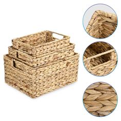 three baskets with lids and handles made out of woven material, each containing two different compartments