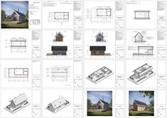 some drawings of different types of houses and their architectural plans are shown in this image