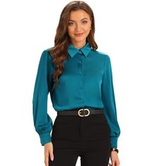 This satin blouse with several design points: silk satin blouse, puff long sleeve, button down, to work, etc. This satin blouse design with puff long sleeve and button up details, add your elegant. Suits for work, office, career, business, profesional, casual, coffee shop, dating, etc. Pair with jeans or skinny pants, and high heels, pretty bags, to complete the overall look. Elegant Long Sleeve Blouse With Back Button Closure, Long Sleeve Blouse With Back Button For Office, Long Sleeve Blouse With Back Button Closure For Office, Office Blouse With Back Button Closure And Long Sleeves, Office Long Sleeve Blouse With Back Button Closure, Long Sleeve Blouse With Button Closure For Semi-formal Occasions, Solid Color Lantern Sleeve Blouse For Office, Satin Long Sleeve Top For Office, Office Satin Blouse With Button Cuffs