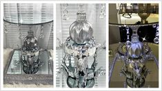 three different views of an elaborate glass vase and chandelier in the same room