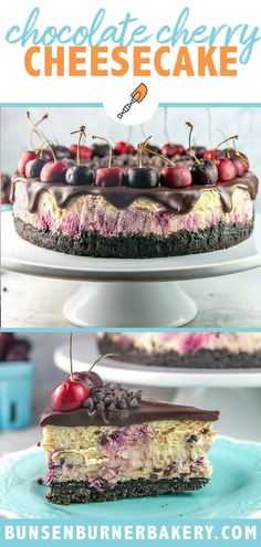 chocolate cherry cheesecake on a cake plate