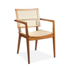 a wooden chair with caned back and arm rests against a white background, it appears to be empty