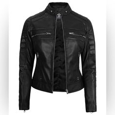 Women’s Black Fitted Cafe Racer Biker Leather Jacket Brand New With Tag Specifications: External: 100% Real Lambskin Leather Internal: Soft Polyester Lining Front: Zip Closure, Upright Collar Pockets: 4 Outside, 1 Inside Details: Padded Shoulder, Arms ,& Cuffs Color: Black Peplum Leather Jacket, Asymmetrical Leather Jacket, Cafe Racer Leather Jacket, Varsity Jacket Women, Distressed Leather Jacket, Tan Leather Jackets, Black Leather Moto Jacket, Cafe Racer Jacket, Biker Leather Jacket