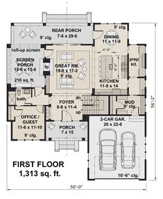 the floor plan for this modern home shows two car garages and three living areas