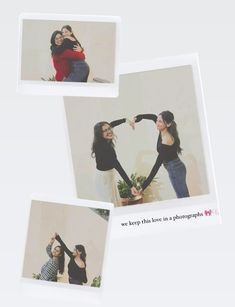 three pictures of two women making a heart shape with their hands, and the caption says we keep this love in a photographs