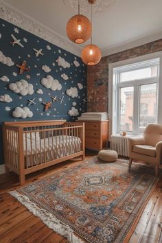 a baby's room with a crib, chair and rug