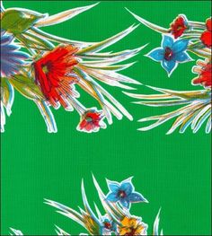 a green background with red and blue flowers