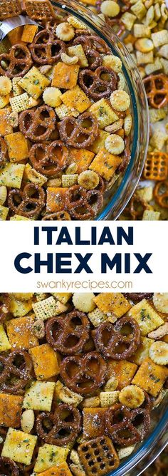 two plates filled with chex mix and the words italian chex mix on top