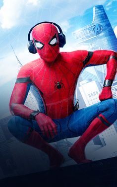 the amazing spider - man is sitting in front of a cityscape with headphones on