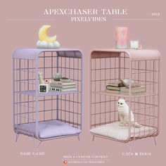 an image of a cat in a cage next to another animal on a bed and table