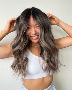 Asian Balayage Ashy, Ash Blonde Balayage Asian, Ash Blonde Balayage Dark, Asian Brown Hair, Ashy Brown Hair, Mushroom Blonde, Brunette Hair Color Ideas, Ash Blonde Hair Balayage, Cool Brown Hair