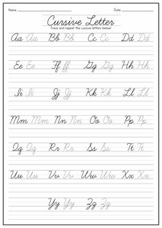 cursive handwriting worksheet with the letters and numbers for each letter in it