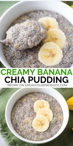 two bowls filled with chia pudding topped with banana slices and sliced bananas on top