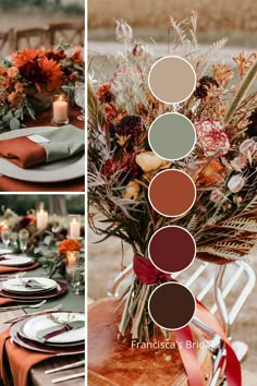 the table is set with orange and green plates, silverware, flowers, and candles