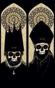 two skulls in black and white with an ornate design on the front, one wearing a hat