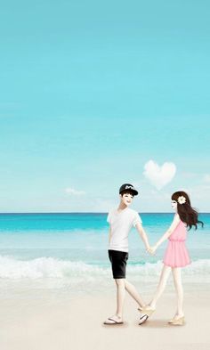 two people holding hands while walking on the beach near the ocean with a heart shaped cloud in the sky