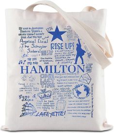 a white bag with blue writing on it and a star in the middle that says,'rise up hamilton '