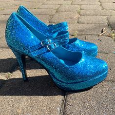 Brand New! With Original Box! Pleaser Aqua Blue Sequin Heels. Mary Jane Two Strap Style. Size 8. Never Worn! Blue Glitter High Heels, Blue Glitter Heels With Round Toe, Sequin Heels, Pleaser Shoes, Neon Aesthetic, Aqua Blue, Shoes Women Heels, Original Box, Sequin