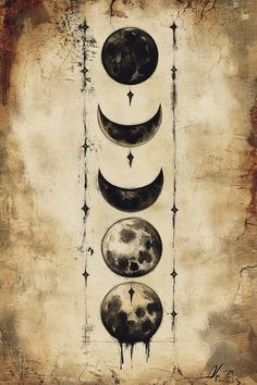 three phases of the moon in black and white on an old paper with barbed wire