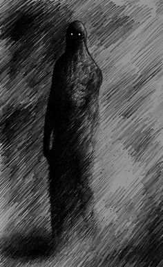 a black and white drawing of a person standing in the rain with their eyes open