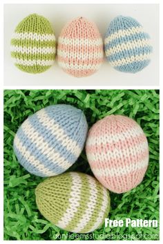 three knitted easter eggs sitting on top of green grass next to each other in different colors