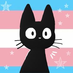 a black cat with big eyes standing in front of a pink and blue striped background