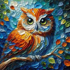 an owl is sitting on a tree branch painted with acrylic paint by numbers