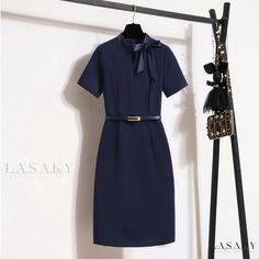 Lasaky - A Fashionable Dress with Waist Cinching Feature Ideal for Jewelers, Beauty Salons and Real Estate Sales Receptionists Elegant Navy Mini Dress For Work, Elegant Navy Short-sleeved Mini Dress, Elegant Navy Mini Dress With Short Sleeves, Elegant Navy Short Sleeve Mini Dress, Navy Short Sleeve Office Dress, Elegant Navy Dress For Office, Elegant Navy Office Dress, Boutique Jewelry Store, Silk Dress Vintage