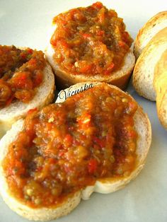 some bread with different kinds of food on it