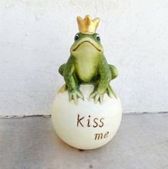 a frog sitting on top of a white ball with the words kiss me written on it