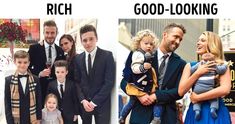 there are two pictures of people in suits and one is holding a baby, the other has a toddler