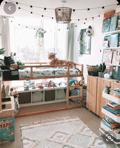 a bedroom with a bunk bed and lots of toys