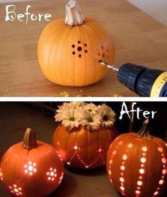 two pictures of pumpkins with laser lights on them, one is being used as a light