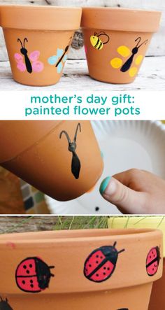 two flower pots with painted ladybugs on them and the words mother's day gift