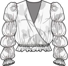 an illustration of a blouse with ruffles on the sleeves and bottom, in black and white