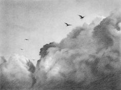 black and white drawing of birds flying in the sky with clouds behind them on a cloudy day