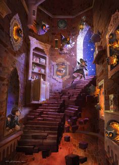 an animated scene with stairs, bookshelves and pictures on the wall above them