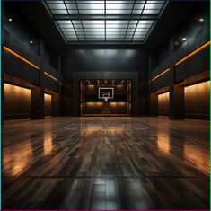 an empty basketball court with wooden floors and lights on the ceiling is shown in this image