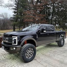 a black truck parked in front of some trees