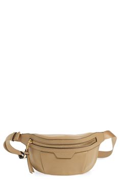 Outfitted with smart pockets and a strap you can sling around your torso or waist, this compact belt bag keeps you hands-free while on the go. Top zip-around closure Adjustable belt/crossbody strap with squeeze buckle Exterior zip pocket Interior wall pocket Leather Imported Leather Belt Bag With Zipper Closure In Beige, Beige Leather Belt Bag With Zipper Closure, Versatile Beige Leather Belt Bag, Baby Gear Essentials, Walker Shoes, Leather Belt Bag, Platform Slippers, Kids Sandals, Interior Wall